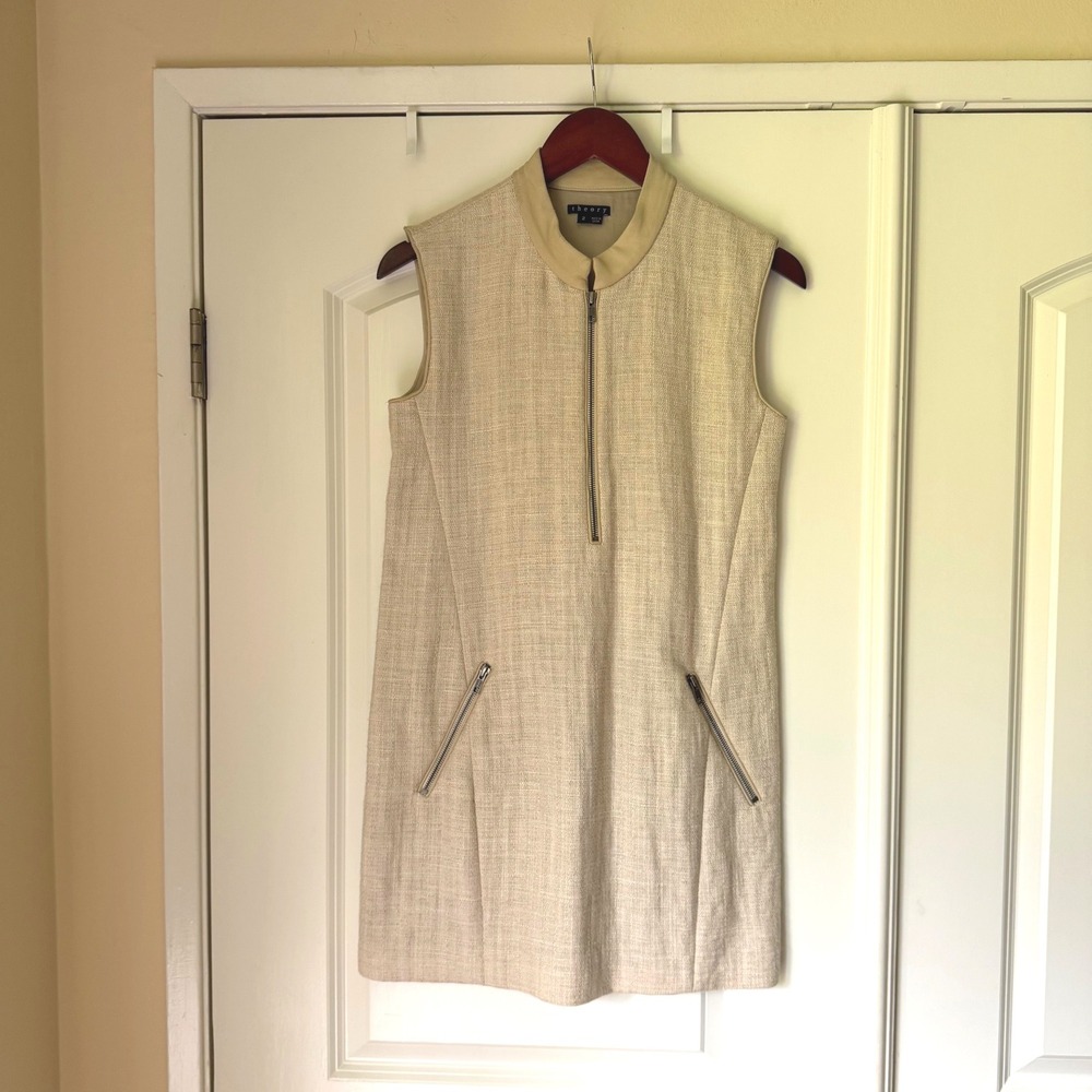 Theory Women's 2 Beige Silk Wool Tweed Mock Neck Zip Dress Leather Trim